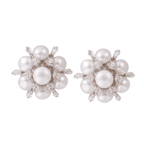 Floral Cluster Pearl Stud Earrings for Women, Sterling Silver with Multi-Size Natural Freshwater Pearls and Crystal Accent Elegant Bridal Wedding Jewelry Gift