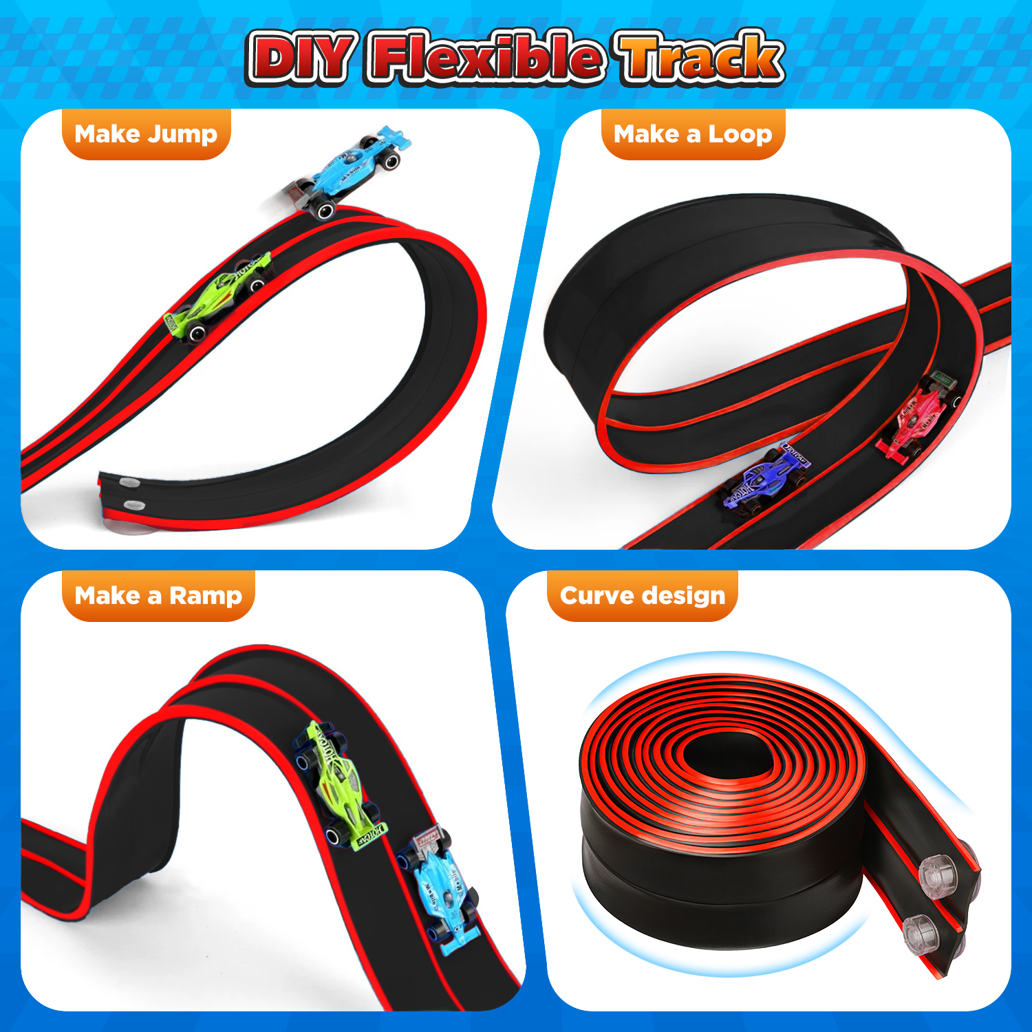 Beefunni 15FT Flexible Race Track for Kids, Bendable Track with Suction Cups, Portable & Foldable Indoor/Outdoor Toy, Compatible with Most 1:64 Toy Cars, Creative Gift for Boys & Girls (Red-Black)