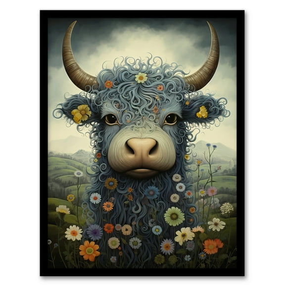Small Blue Highland Cow In Wildflower Meadow Fun Wee Blue Coo Artwork Art Print Framed Poster Wall Decor 12x16 inch