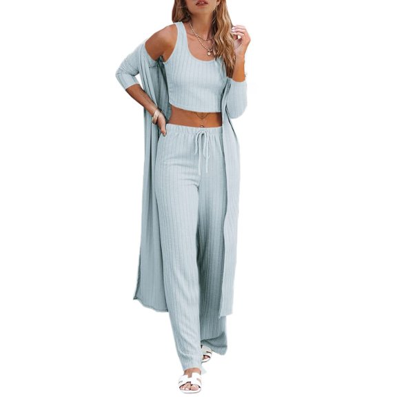 Sherrylily Fall Women Pajamas 3 Piece Set Crop Vest Top Loose Pants and Cardigan Knitwear Jumpsuit