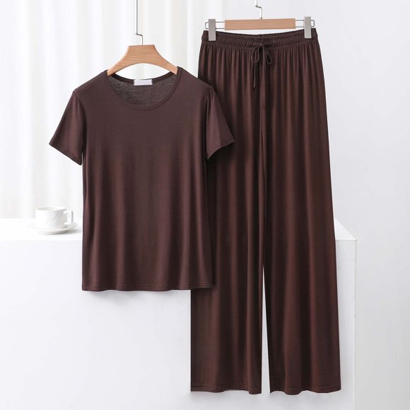 Christmas_Clearance,Women's Round Neck T-shirt, Loose Pants, Solid Color Pajama Sets, Comfortable Home Wear, Sleepwear, Soft Fabric, Easy Lace-Up, Wide Leg, Relaxing Two-Piece Set,Sopatenor