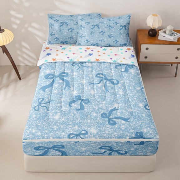 Homewish Blue Bowknot Kids Zipper Twin Comforter Sets with Fitted Sheet and 2 Pillowcases, Fashion Glitter Stars Zipper Bedding Set, Stars Reversible, 4-Piece