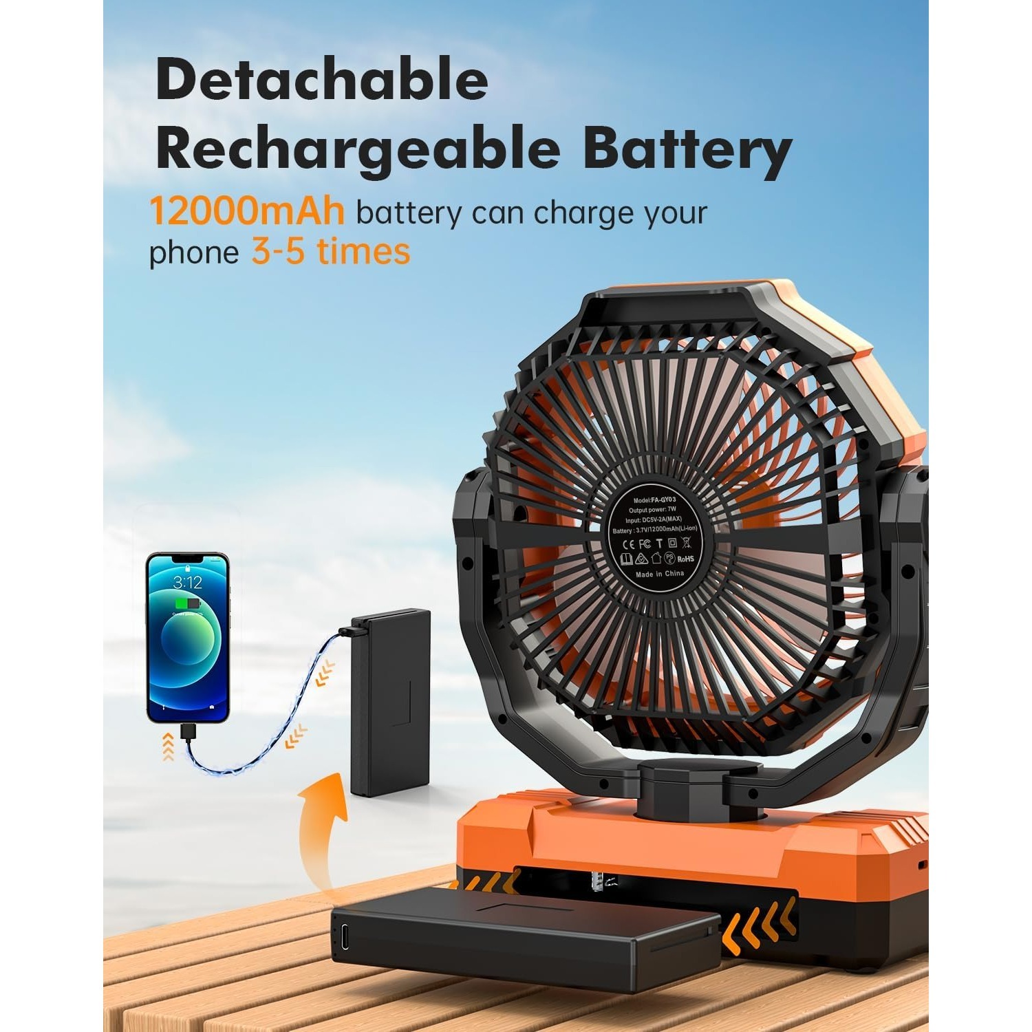 Portable 20000mAh Rechargeable Fan - 9-Inch Camping Fan with Light & Hook for Tent, USB Fan for Picnic, BBQ, Fishing, Travel, Jobsite Orange