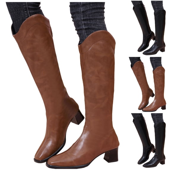 Pandaie Knee High Boots Women Square Toe Cowboy Cowgirl Western Boot Pull on Wide Calf Zipper Fall Winter Dress Tall Boots Black 6