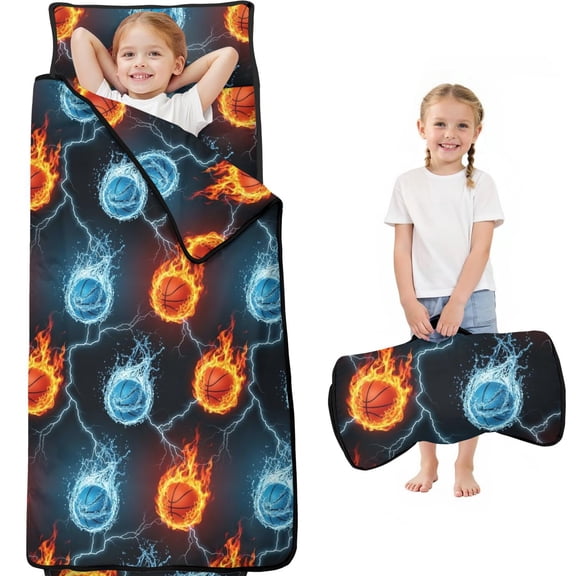 Basketball and Fire Black Pattern Teens Toddler Nap Mat with Pillow, Sleeping Mat Bag for Preschool Daycare 59"x22"