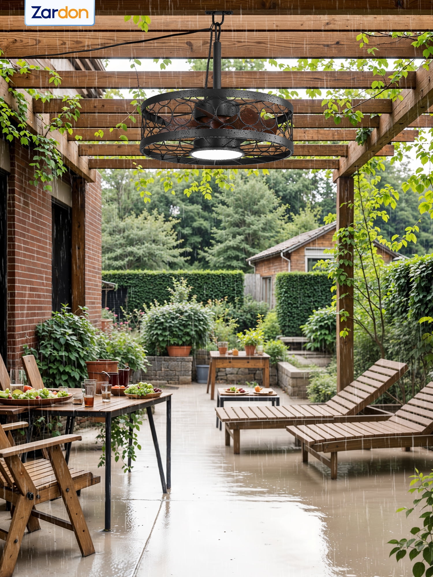 Zardon 20in Outdoor Ceiling Fans with Light and Remote Control, Caged Canopy Fan with Plug in Cord for Porch, Patio, Gazebo, Waterproof, Black
