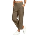 thumbnail image 2 of Sunnin Solid Color High Waist Pants Elastic Waist with Pockets Cropped Casual Everyday Wear, 2 of 6