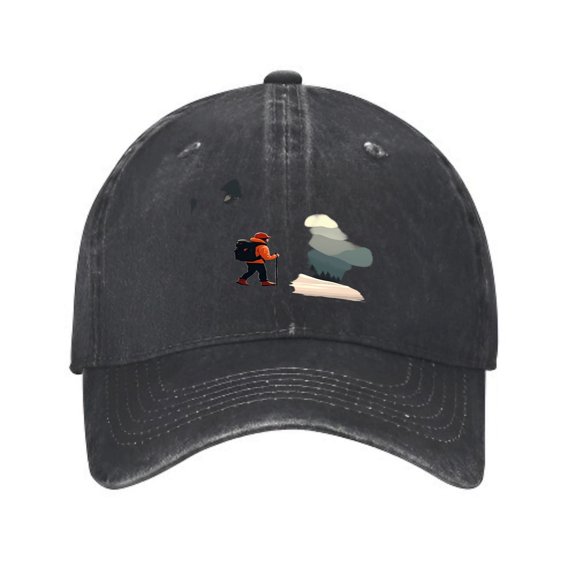 Vintage Cotton Washed Distressed Baseball Cap - Black with Textured Surface Orange Adventurer & Mountain Design Perfect Golf Dad Hat for Men & Women