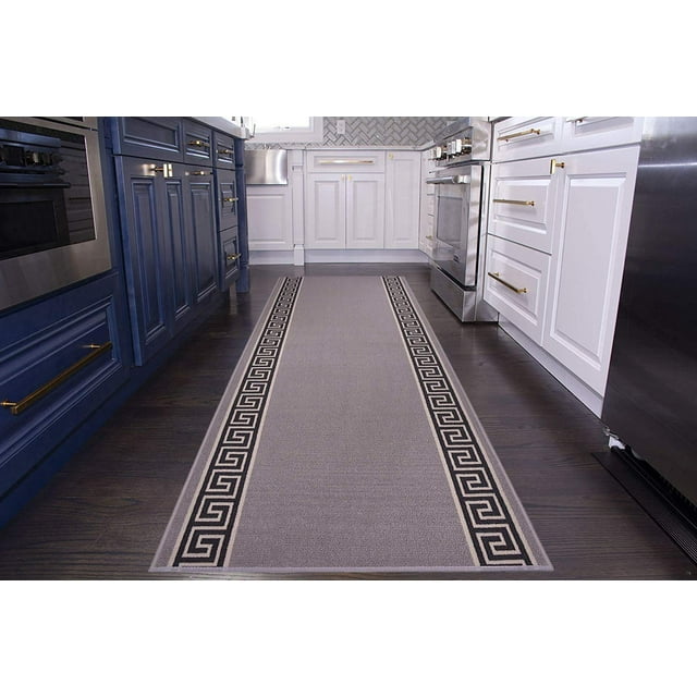 Custom Size Runner Rug Bordered Grey Color Greek Key Meander Design Roll Rug Runner Choice of Your&nbsp;Length by Feet&nbsp;Slip Resistant Latex Back Cut to Size Runner Rugs Customize in USA Facility