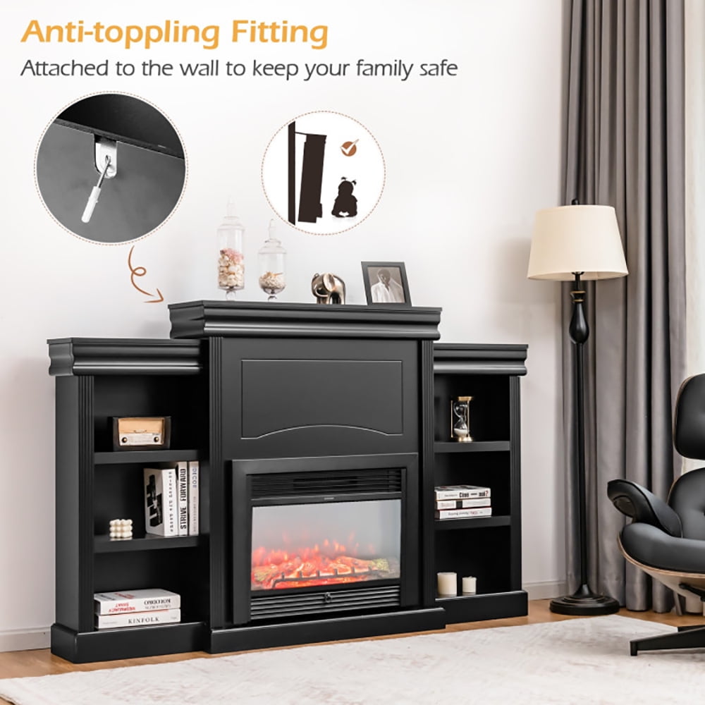 Finihen TV Stand, TV Cabinet, 70 Inch Modern Fireplace Media Entertainment Center with Bookcase, Media Entertainment Center with Storage, for Living Room, Bedroom, Black
