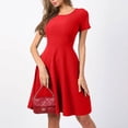 thumbnail image 2 of Elegant Short Sleeve Pleated Swing Round Neck Solid Color Loose Dress Women Casual Party Evening Gown Red S, 2 of 5