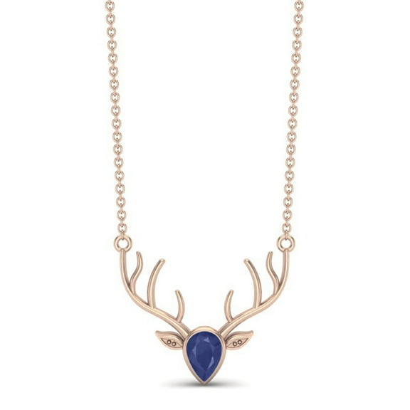 0.70 Cts Blue Sapphire 925 Sterling Silver Realistic Stag Head Face Chain Animal Charm Pendant Necklace