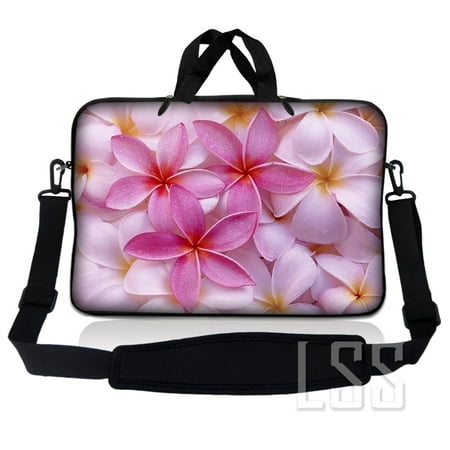 LSS 15.6 inch Laptop Sleeve Bag Compatible with Acer, Asus, Dell, HP, Sony, MacBook, Carrying Case w/ Handle & Adjustable Strap, Pink Plumeria Flower
