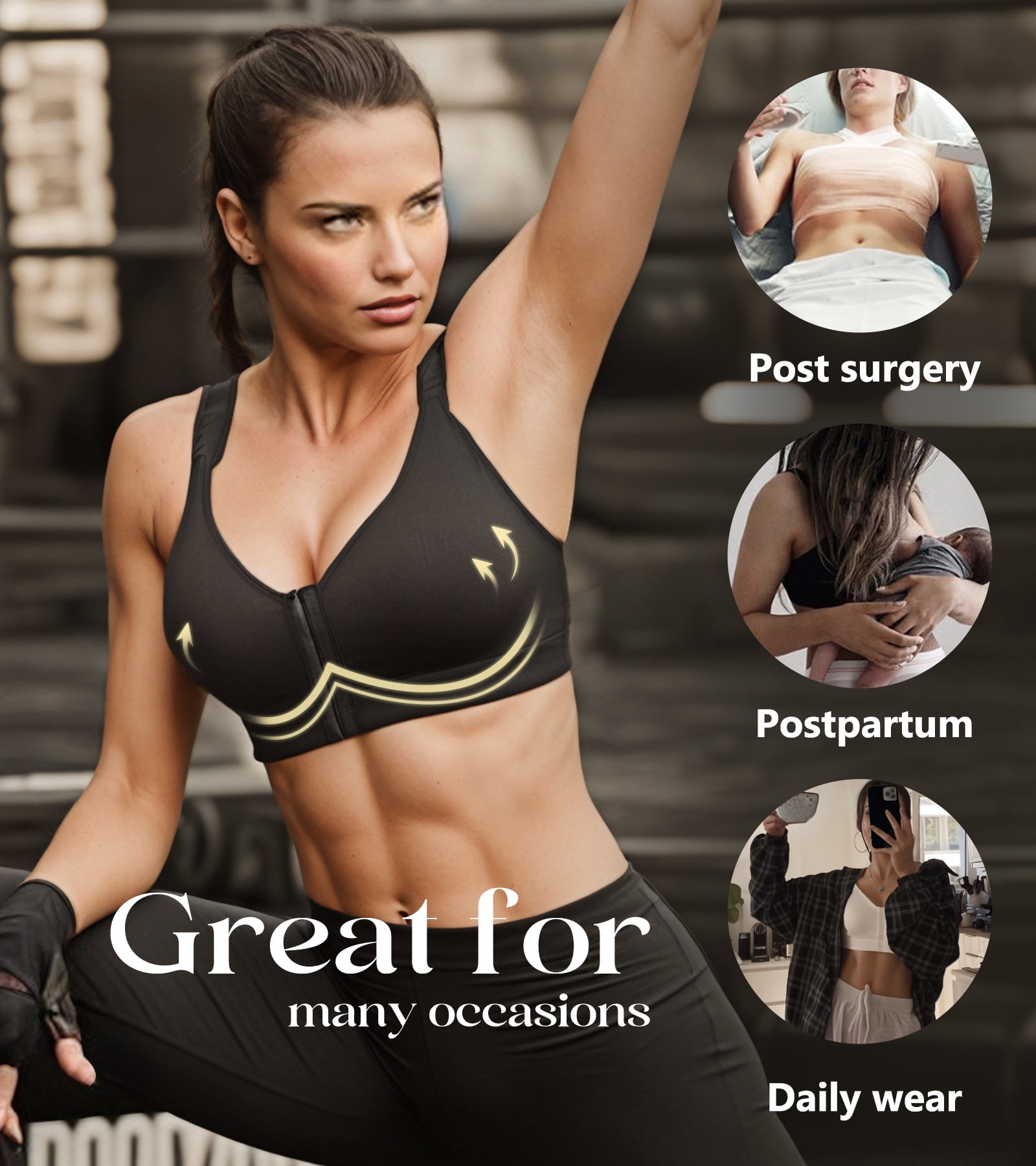 Exerin Women's Post Surgery Front Closure Wireless Non Padded Adjustable Wide Strap Bra(40D/DD,Black)