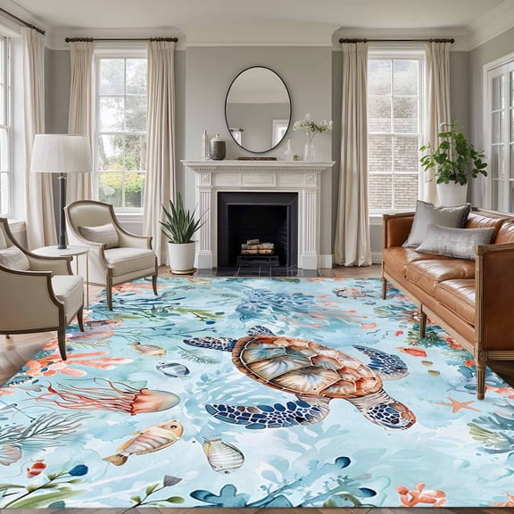 6'x9' Area Rugs, Sea Turtle Indoor Outdoor Area Rug for Living Room Bedroom, Summer Beach Coastal Nautical Coral Blue Red Washable Bathroom Rugs Kitchen Floor Carpet Mats Home Decor Aesthetic