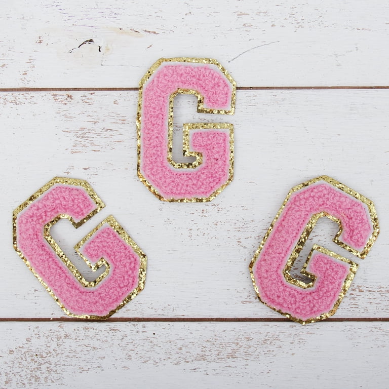 26 Letter Set of Pink Iron On Varsity Letter Patches - Full Alphabet -  Small 5.5 cm Chenille with Gold Glitter