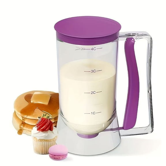 Pancake Batter Dispenser, Kitchen Must Have Tool for Perfect Pancakes, Cupcake, Waffle, Cake & Crepe, Batter Separator Maker with Measuring Label, Easy Pour Baking Supplies for Griddle (Purple)