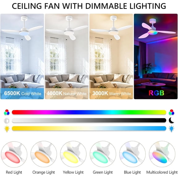 RGB Ceiling Fans with Lights, 42 Inch Fandelier Low  Flush Mount Fan Light Remote APP Control Modern White Bedroom Fixture