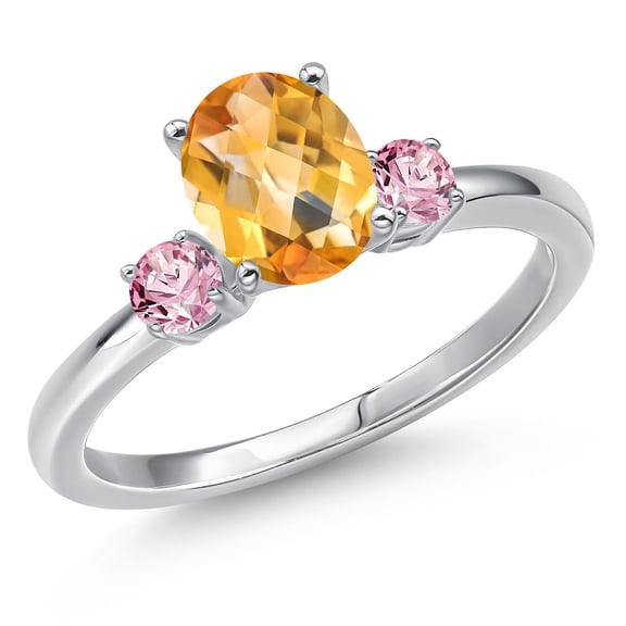 Gem Stone King 14K White Gold Yellow Citrine and Pink Lab Grown Diamond Engagement Ring for Women | 1.51 Cttw | Oval Checkerboard 8X6MM | Gemstone November Birthstone | Size 5
