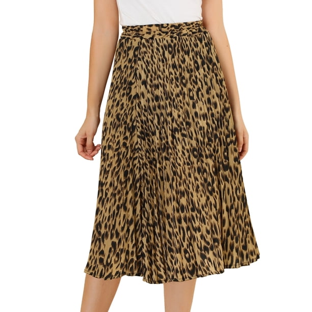 Allegra K Disfraz De Navidad Para Mujer, Estampado De Leopardo, Elástico, Wasit, Columpio, Fruncido, Plisado, Falda Midi Marrón claro XS