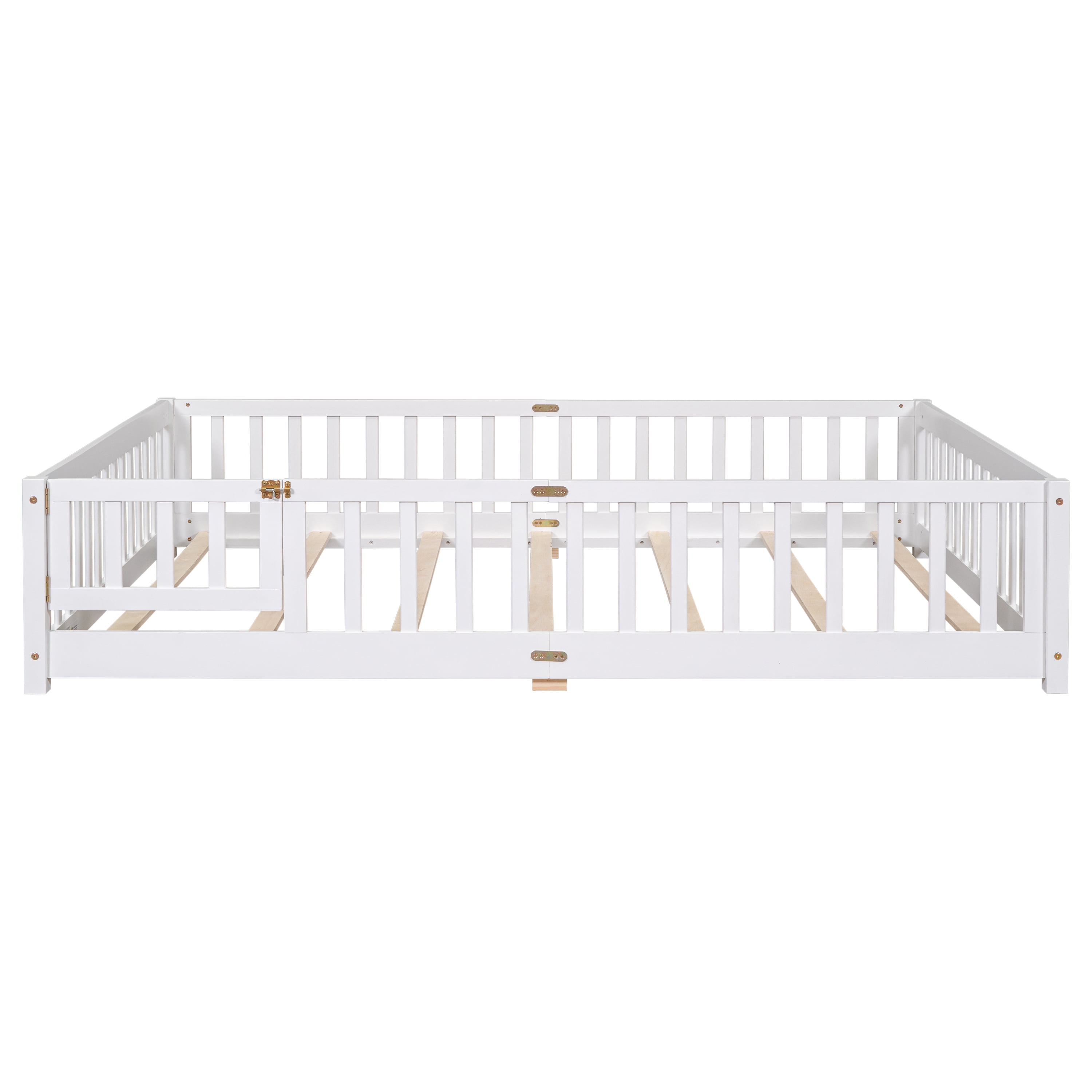 Miniyam Wood Queen Size Floor Bed with Safety Guardrails for Toddler, White