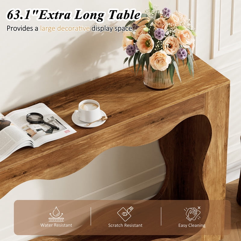 Walsunny Farmhouse Console Table, 63 Inch Scalloped Industrial Wooden Storage Entryway Accent Table, Wavy Console Table for Living room, Rustic Brown