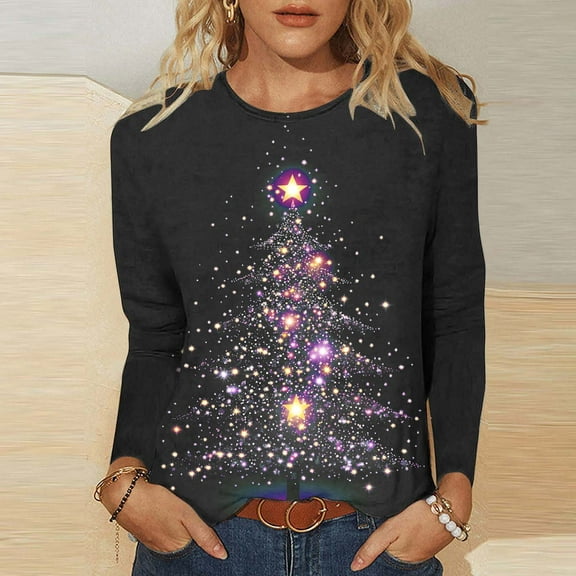 Pounoo Christmas Long Sleeve Shirts for Women Christmas Tree Crewneck Xmas Graphic Print Sweatshirt Outfit Fitted Comfy Soft Gift