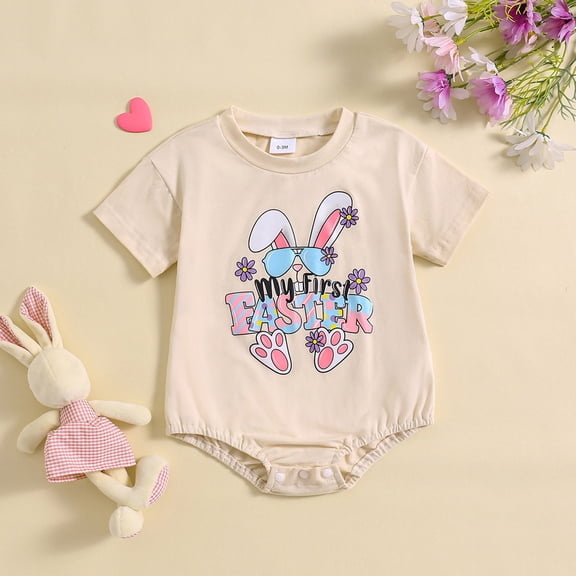 HOWPAY Baby Girl Easter Outfit Summer Cartoon Rabbit Print Bodysuit Short Sleeve Crew Neck Pullover Romper Causal Comfy Summer Clothes Beige