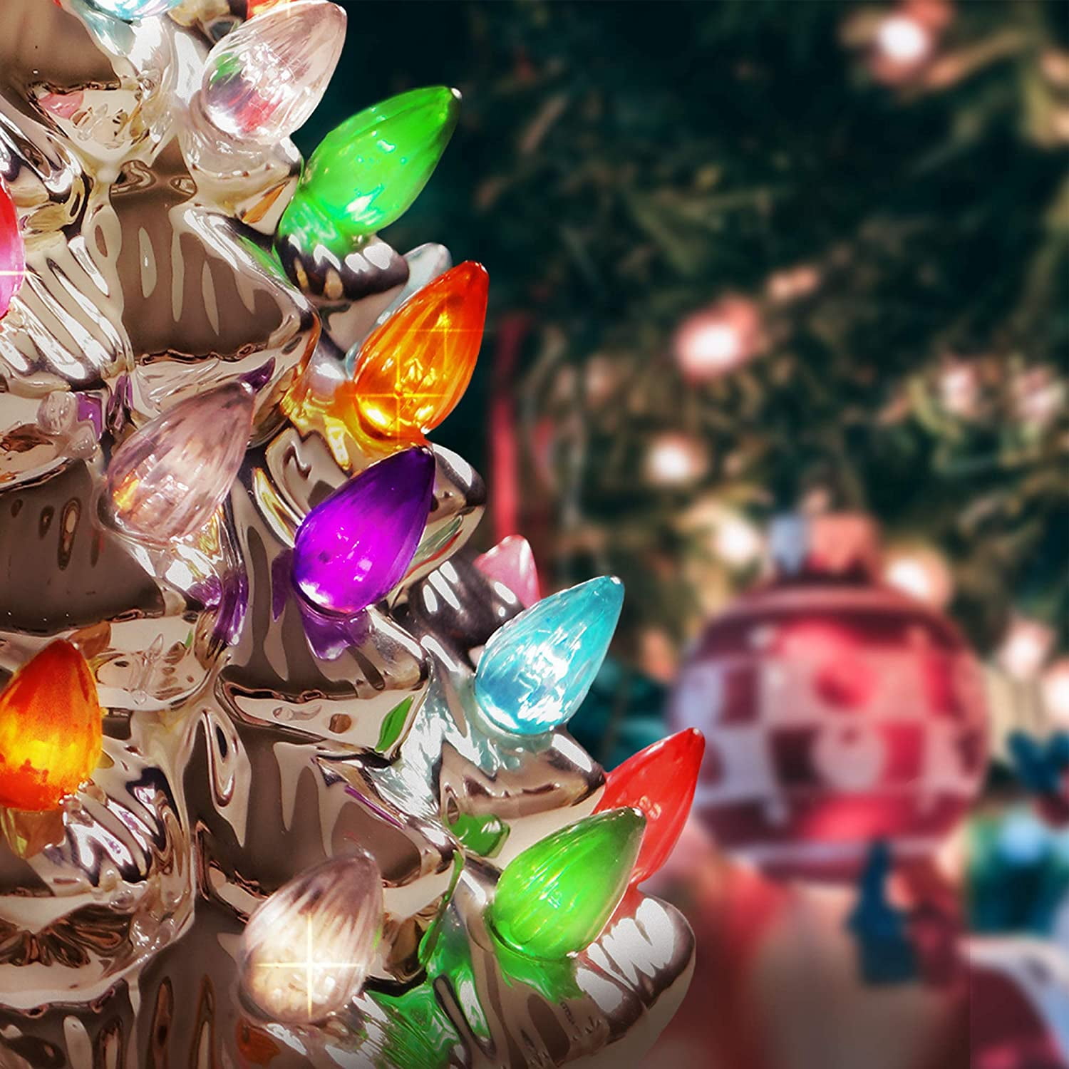 RJ Legend 9-Inch Ceramic Champagne Gold Christmas Tree Decoration – For Indoor & Outdoor Use - 35+ Multicolor LED Bulbs Christmas Tree – Handcrafted & Hand Painted – Glossy Premium Finish