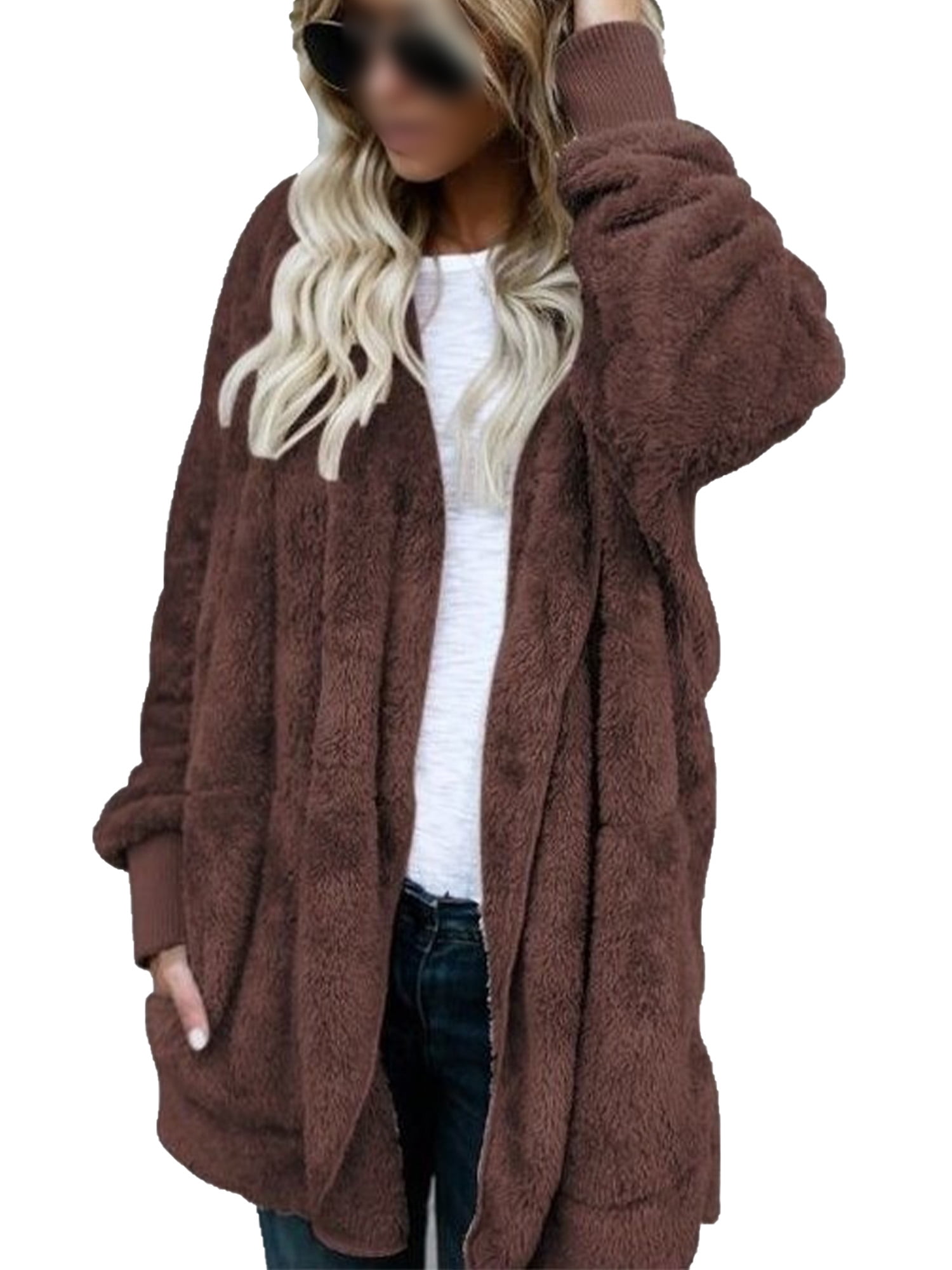 Avamo Women Open Front Sherpa Cardigan Coat Long Sleeve Fleece Fuzzy ...