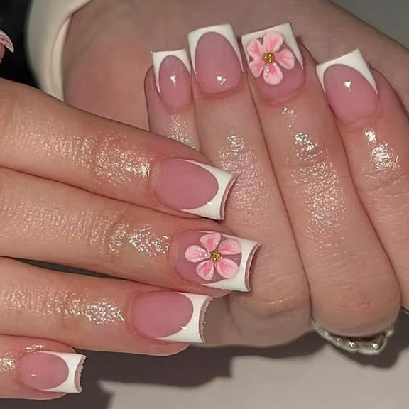 Stylish Floral Plastic French Manicure Set With Embossed Design Quick Application Reusable Fake Nails For Women