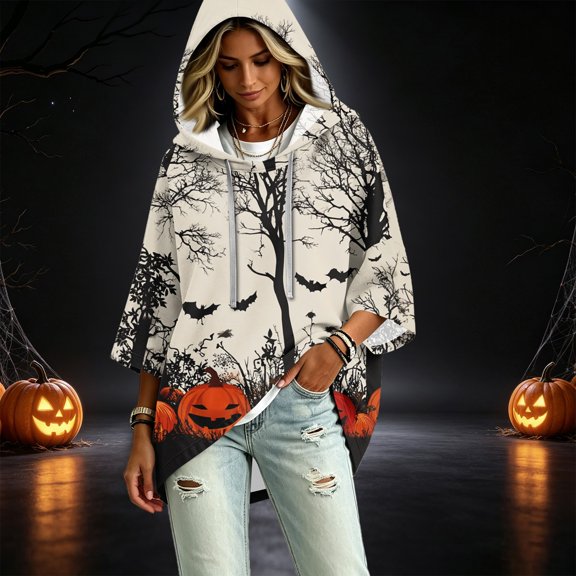 FGVCTG Halloween Sweatshirts for Women Drawstring 3/4 Sleeve Halloween Hoodie Ghost Graphic Spooky Oversized Pullover Hoodies Beige M