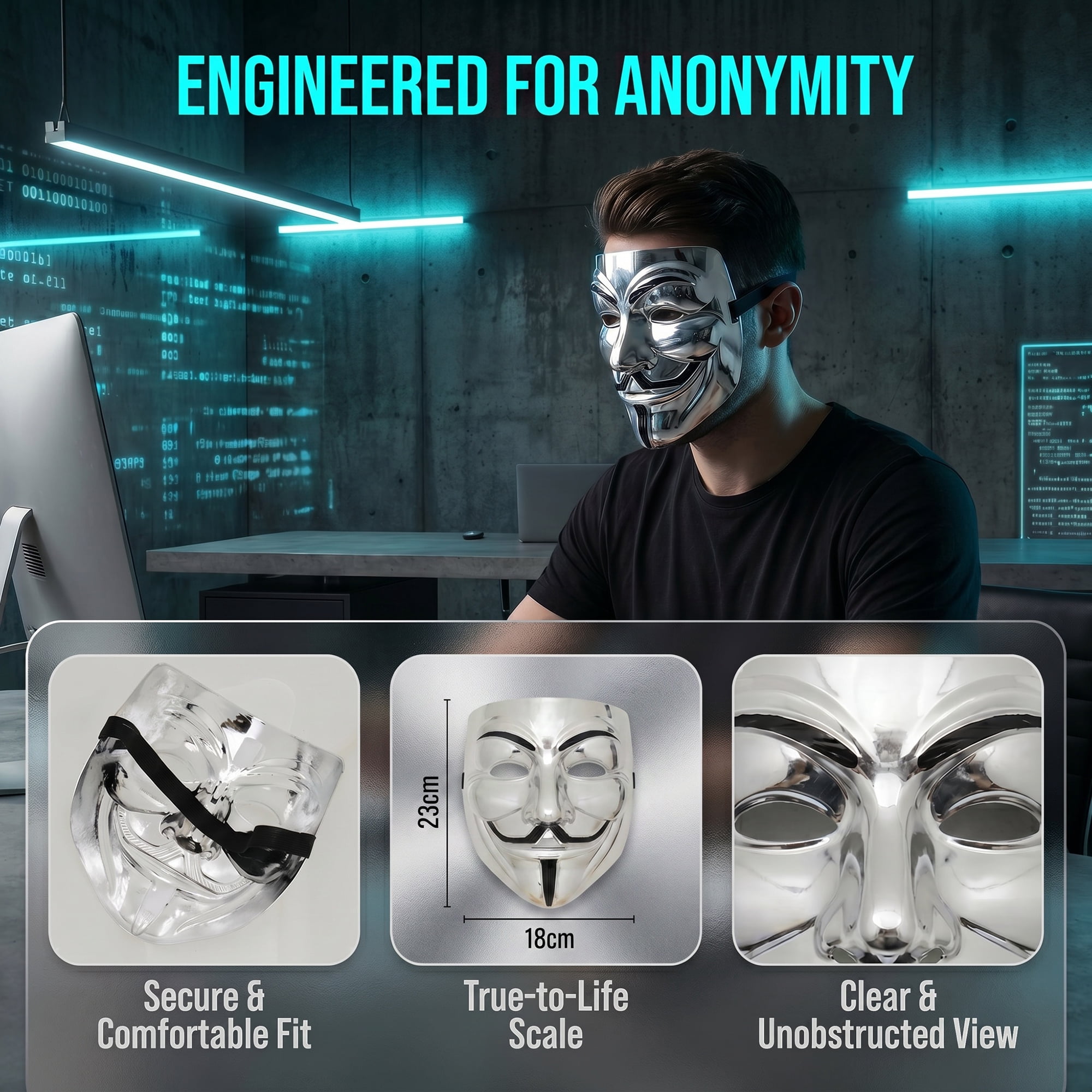 Unique Bargains Electroplated Hacker Mask, Metallic Mirror Anonymous V for Vendetta Silver