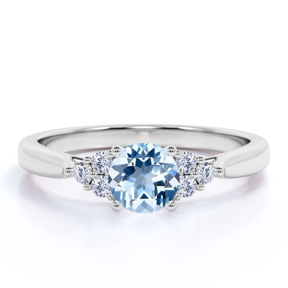JeenMata 1.10 carat Round Light Blue Created Aquamarine 7 Stone Vintage Engagement Ring in 18k White Gold over Silver