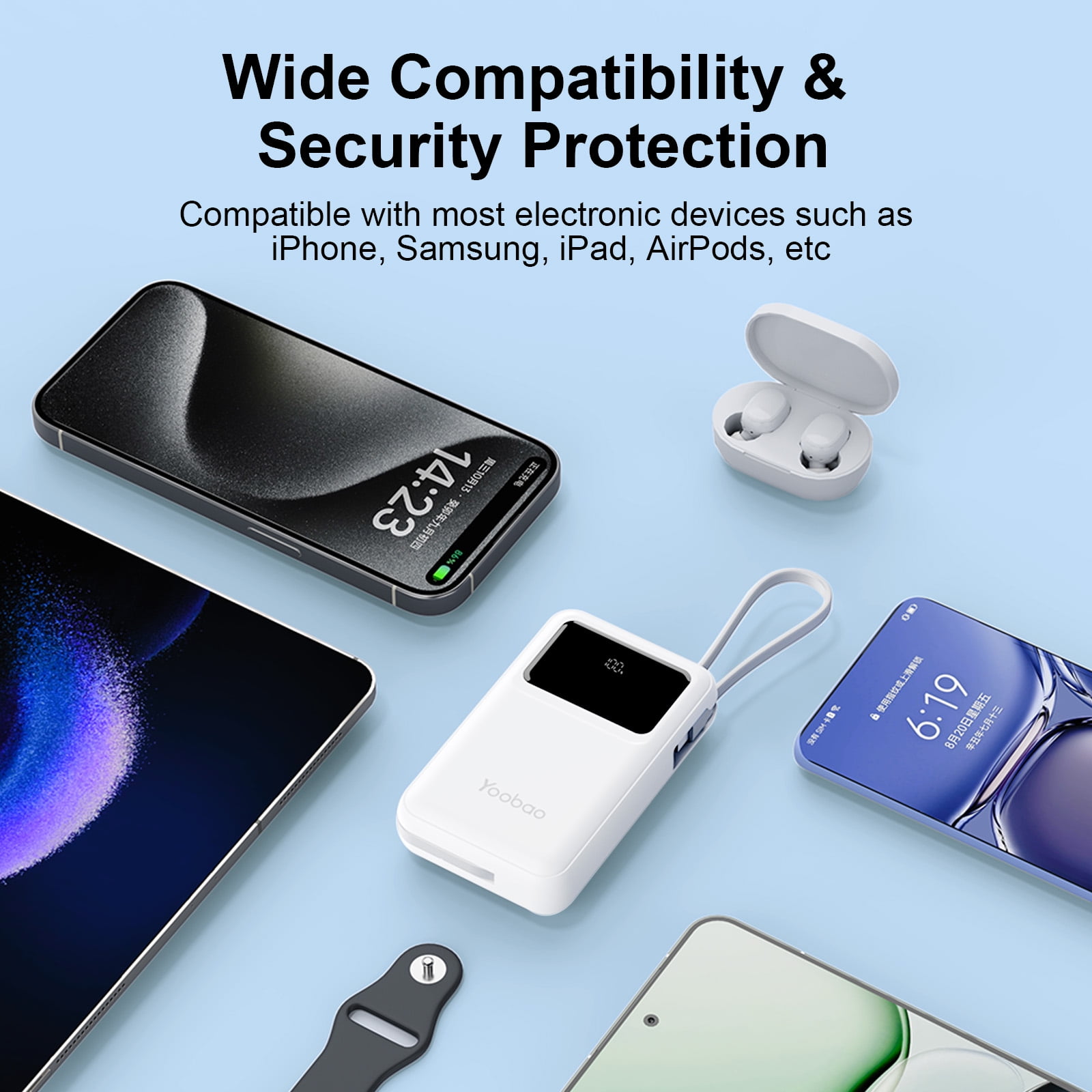 Yoobao Mini Power Bank PD20W Fast Charging with LED Display, 10000mAh USB-C in&Out Portable Charger with Built-in 2 Cables, 4 Outputs Travel Battery Pack for iPhone 16 15 Samsung iPad, White