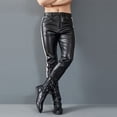 thumbnail image 6 of Men's Full-Length Motorcycle Biker Pants Stretchy PU Faux Leather with Color-Block Patchwork Cone-Shaped Slim Fit Outdoor Casual Trousers, 6 of 7