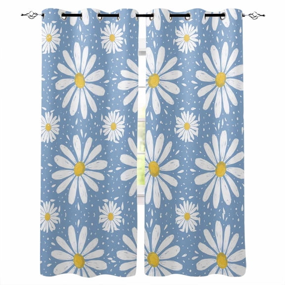 Blue Daisy Blackout Curtains for Bedroom/Living Room, Thermal Insulated Kitchen Curtains, Spring Floral Elegant Pastoral Botanical Grommet Darkening Window Treatment Drapes 27.5"x39"x2