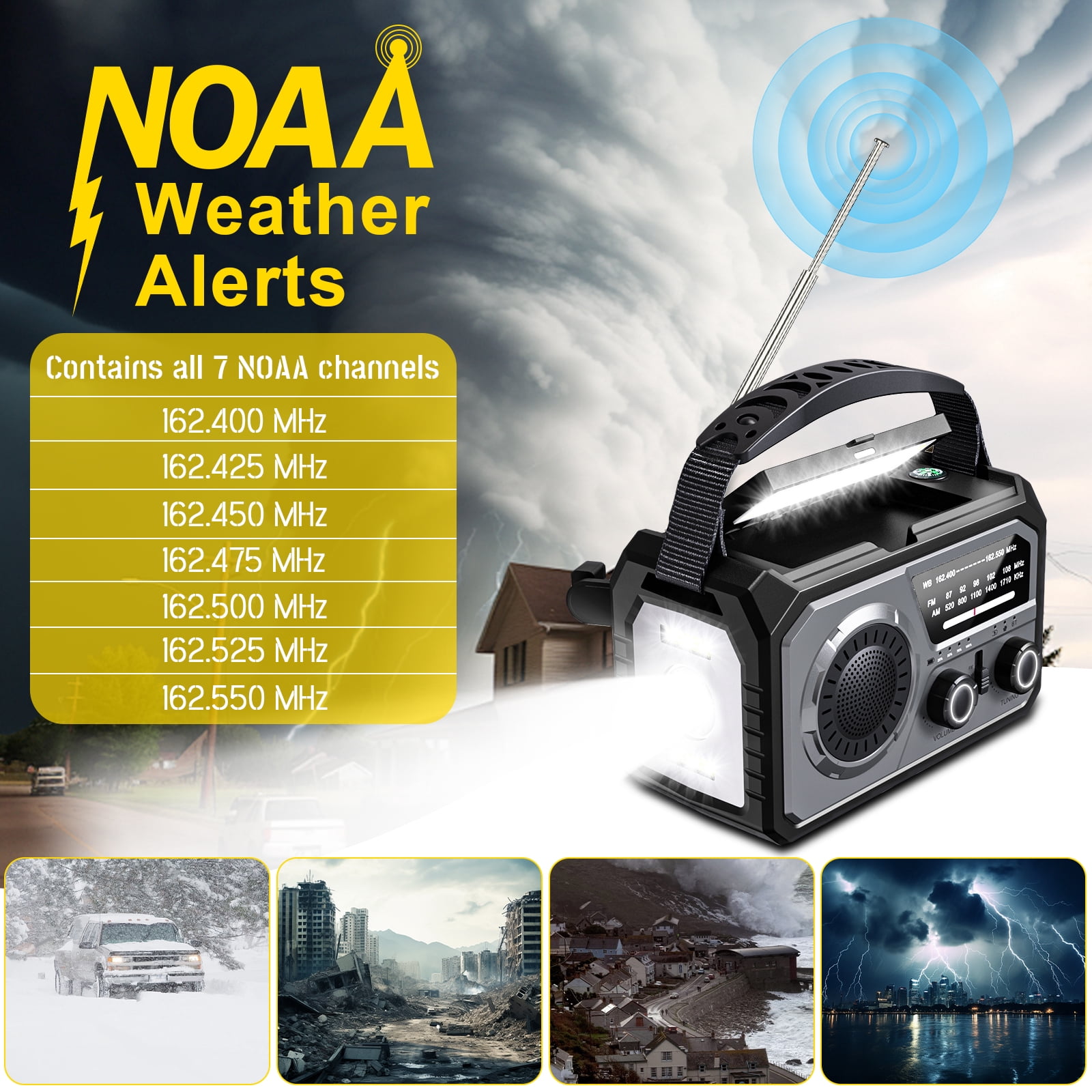 16000mAh/59200mWh Emergency Radio with Bluetooth 5.3-Hand Crank Weather Radio with Battery Powered and Fast Charging, NOAA/AM/FM Portable Solar Radio with SOS Alert Flashlight, Outdoor Survival Gear