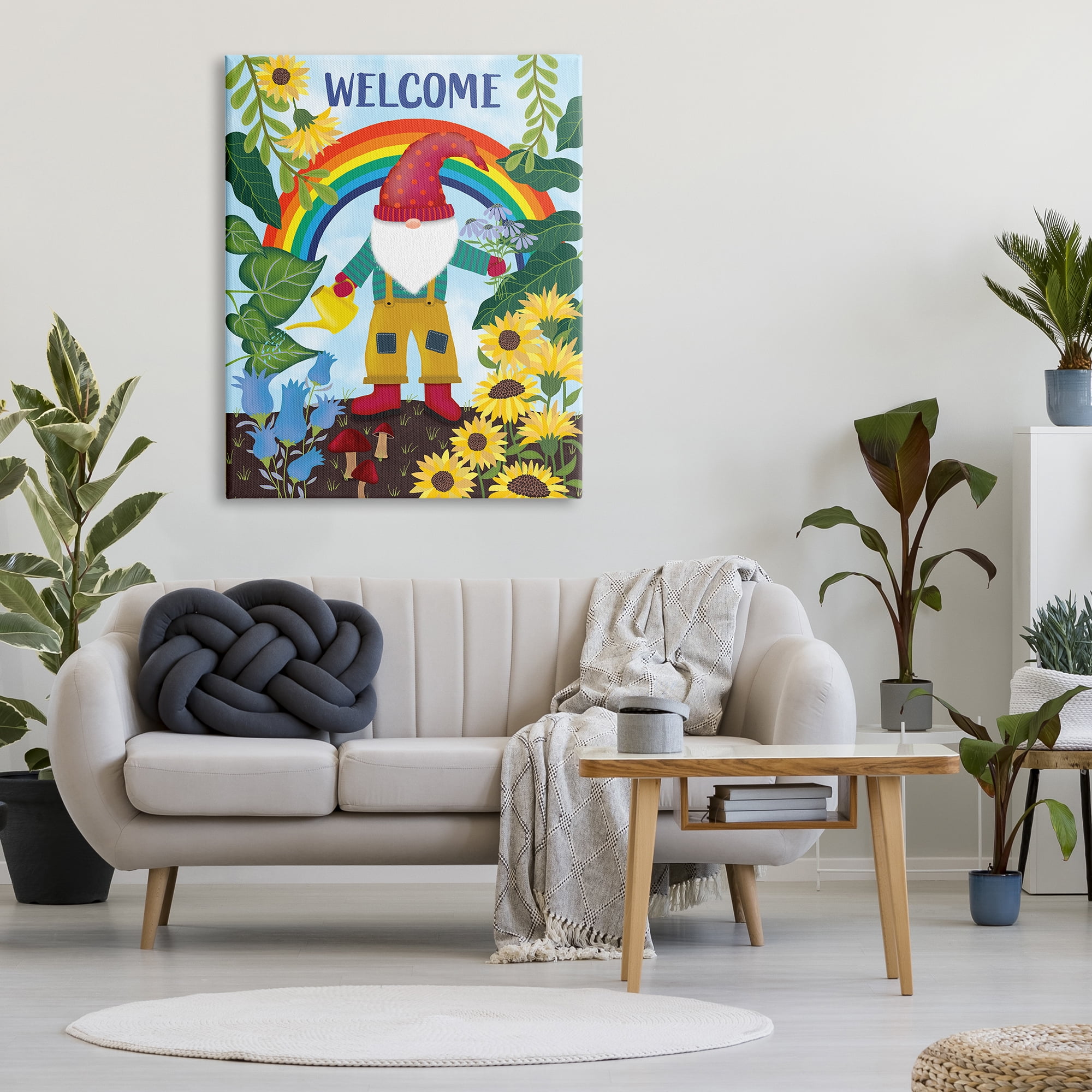 Stupell Industries Rainbow Welcome Garden Gnome Sunflowers Mushrooms, 36 x 48, Designed by Darlene Seale