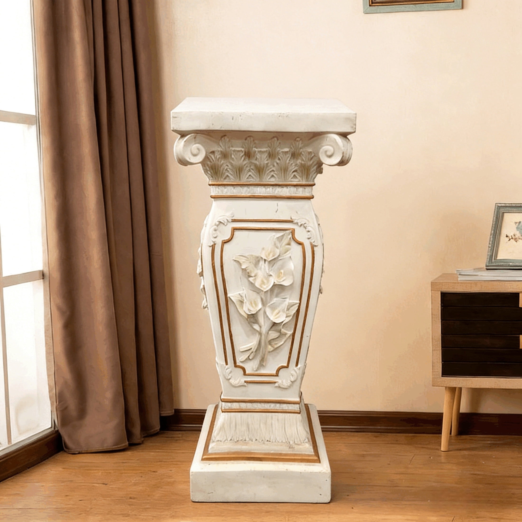 GDF Studio 22" European Style Floral Carved Roman Column Pedestal, Garden Display Stand for Statues & Ornaments