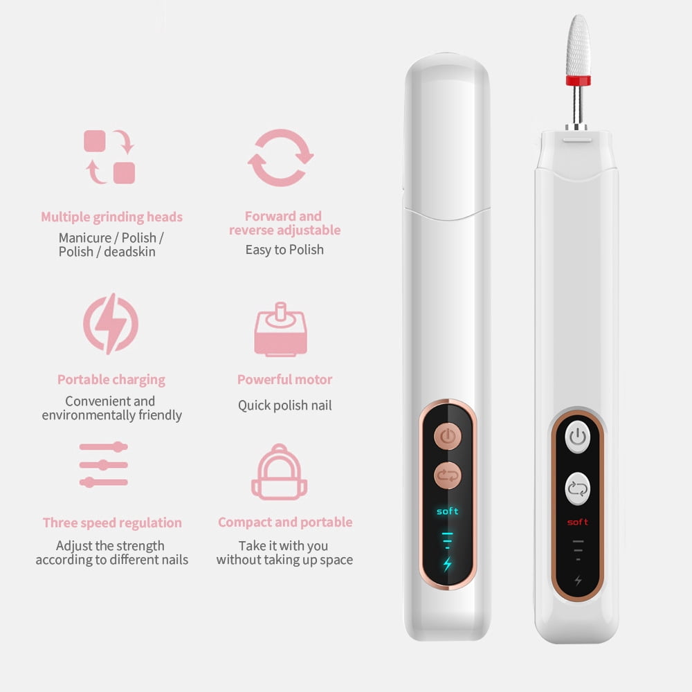 Electric Nail Drill, Rechargeable 15000RPM, 3 Speed, 5 Grinding Heads, Forward/Reverse, Portable Manicure Tool for Home Use