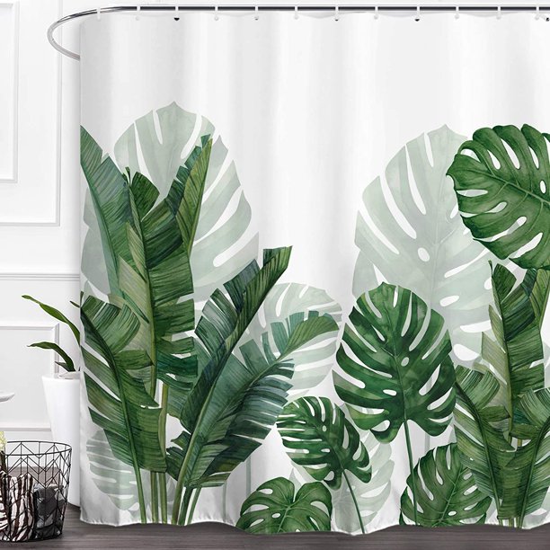 Toalla de baño de planta verde tropical, tela lavable impermeable, decoración de baño de verano, planta de plátano, hoja de Monstera, hoja de palma con gancho, 72x72 pulgadas JAMW Sencillez