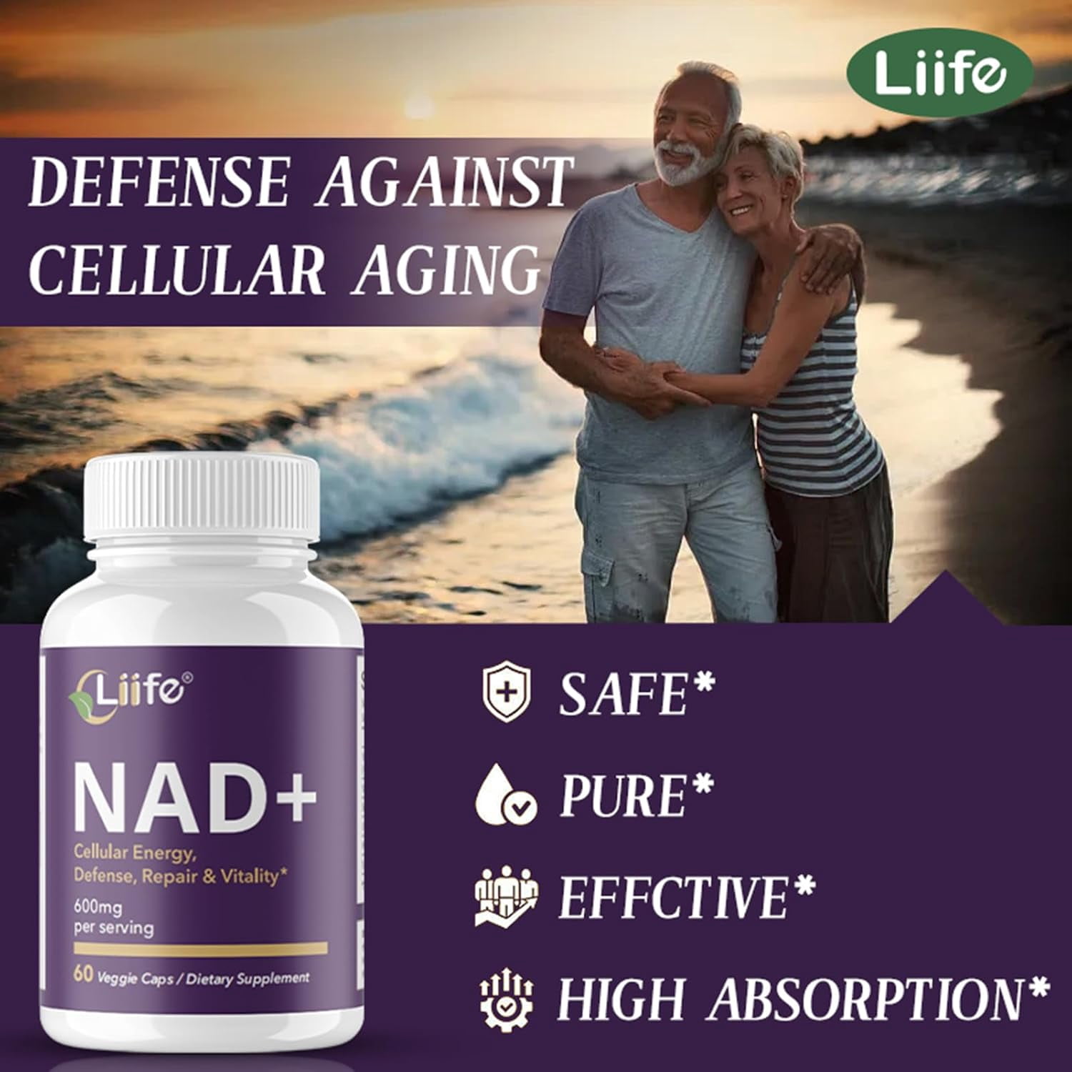 Liife Nicotinamide Adenine Dinucleotide 600mg, with Nicotinamide, Curcumin, Supports Anti-Aging, Cellular Renewal & Immune Defense, 60 Veggie Capsules