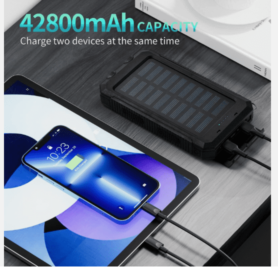 Solar Portable Charger Power Bank with Flashlight, High-Capacity Battery Pack, Dual USB Output, Emergency Outdoor Charging