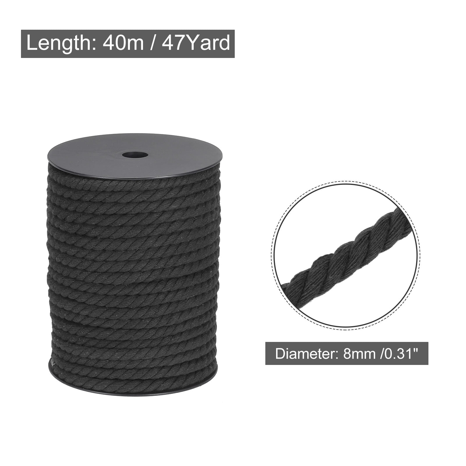 Cotton Rope 3 Strand Twisted Braided Rope Cord, Black 40m/47 Yard 8mm Dia for Wall Hanging, Plant Hanger