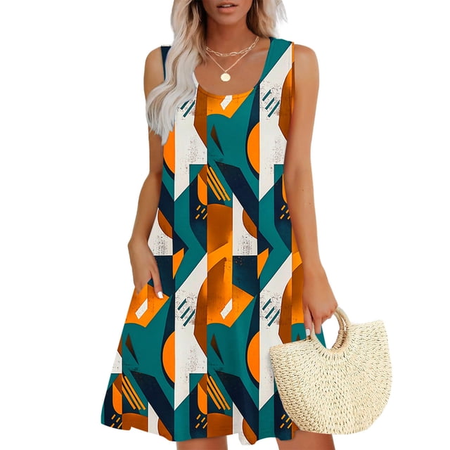 Ovzne Robes Grande Taille pour Femmes Rondes Robe d'Été Femmes Décontractée Ample Robe d'Été Imprimée Sans Manches Col en V Haut/chemise Ensemble Robe de Vacances Imprimée Liquidation