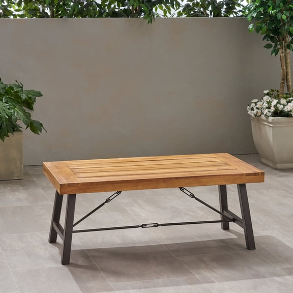 Newboti Furniture Outdoor Acacia Wood Coffee Table, Teak Finish / Rustic Metal Brown and Black, 27.25"D x 45.75"W x 18"H BN.4149