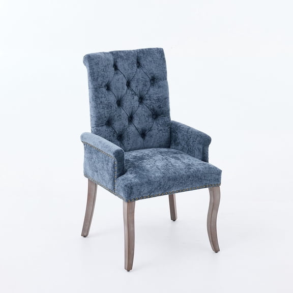 S-HOME Elegant Tufted Accent Dining Chair in Soft Chenille Fabric with Curved Solid Wood Legs, for Dining Room or Kitchen, Blue