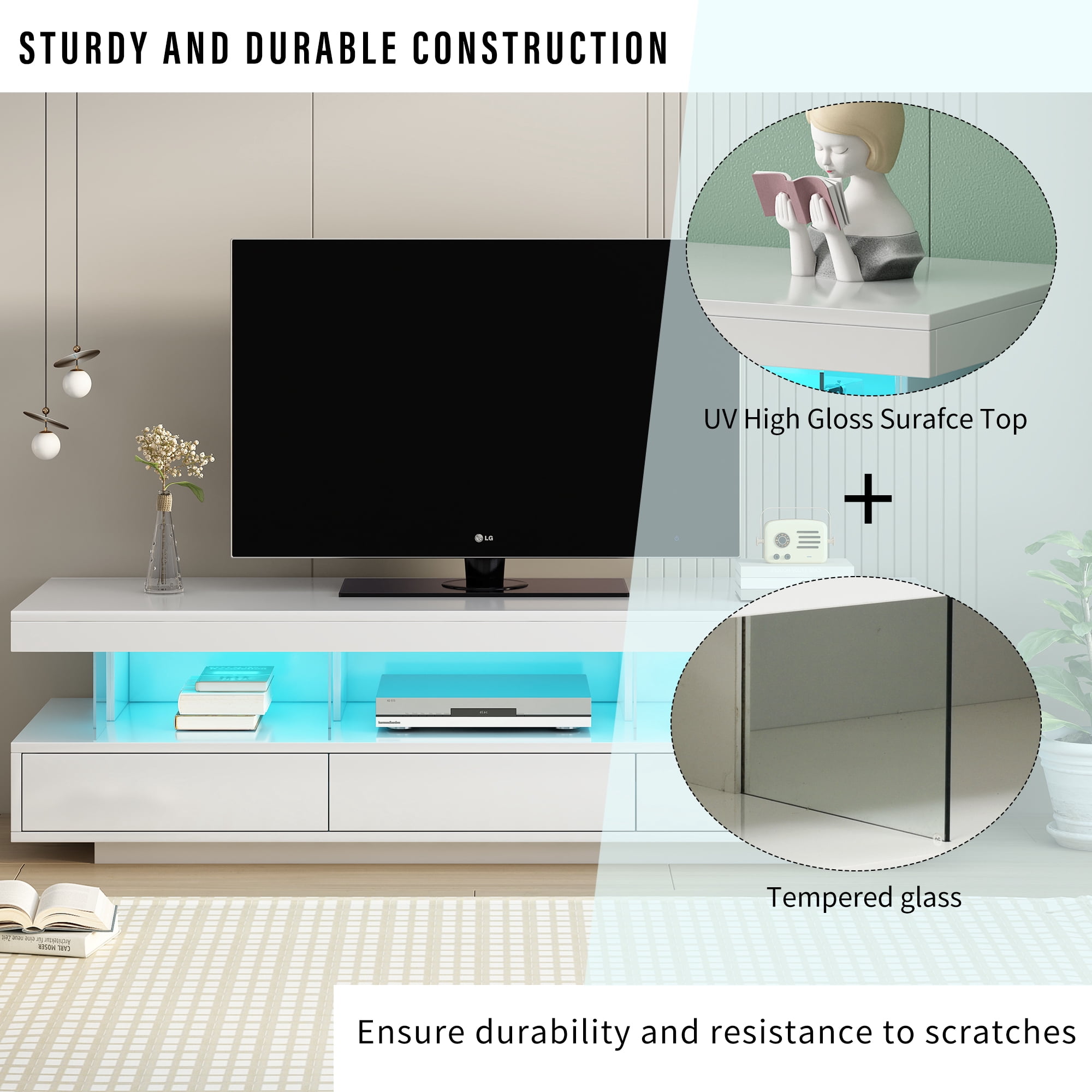 Aukfa LED TV Stand for TVs up to 70" - High Glossy TV Cabinet with Storage for living Room - Black