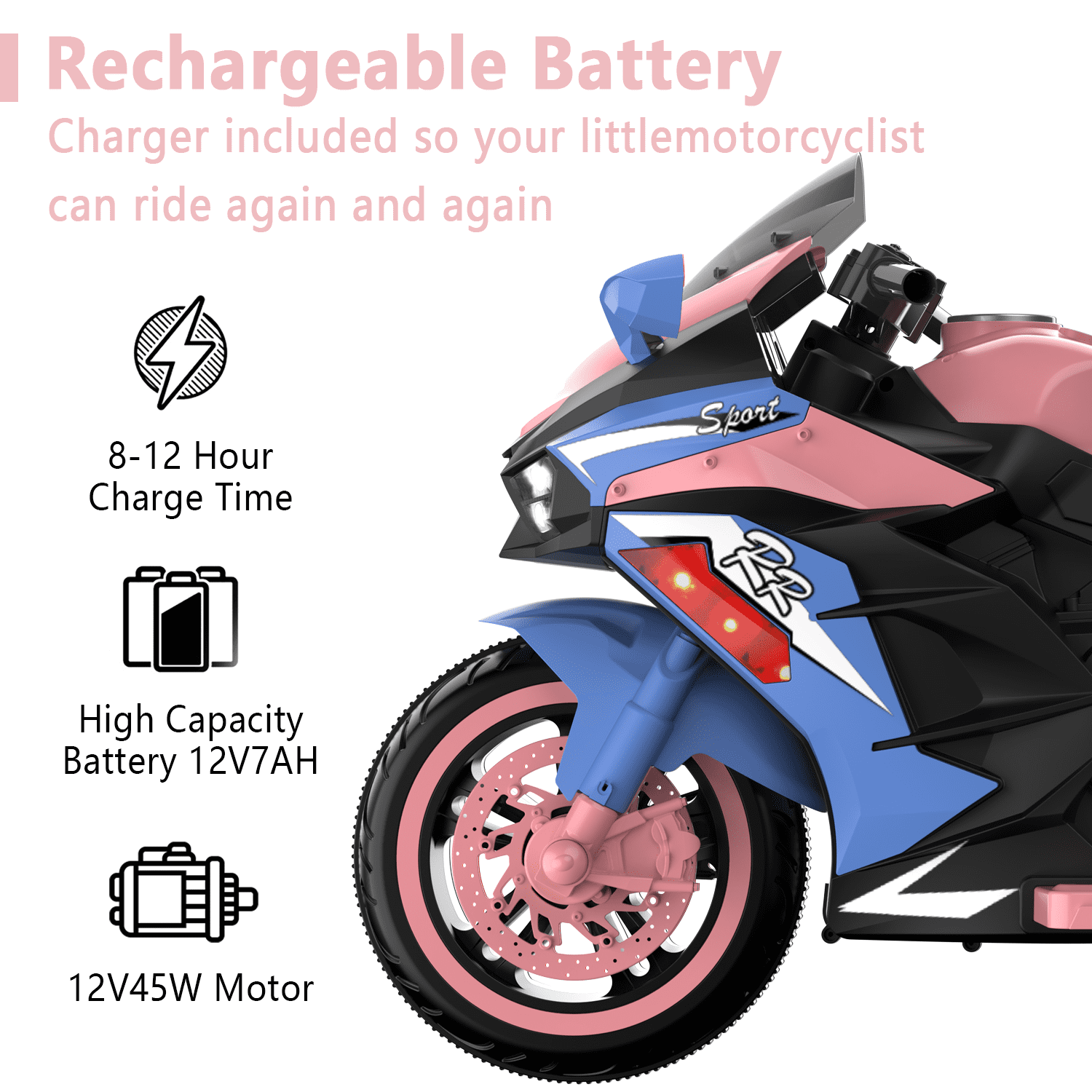 HNH 12V Ride on Toys for Girls, Kid Electric Motorcycle with Remote Control, Powered Motorcycle with Music, Bluetooth, Lights